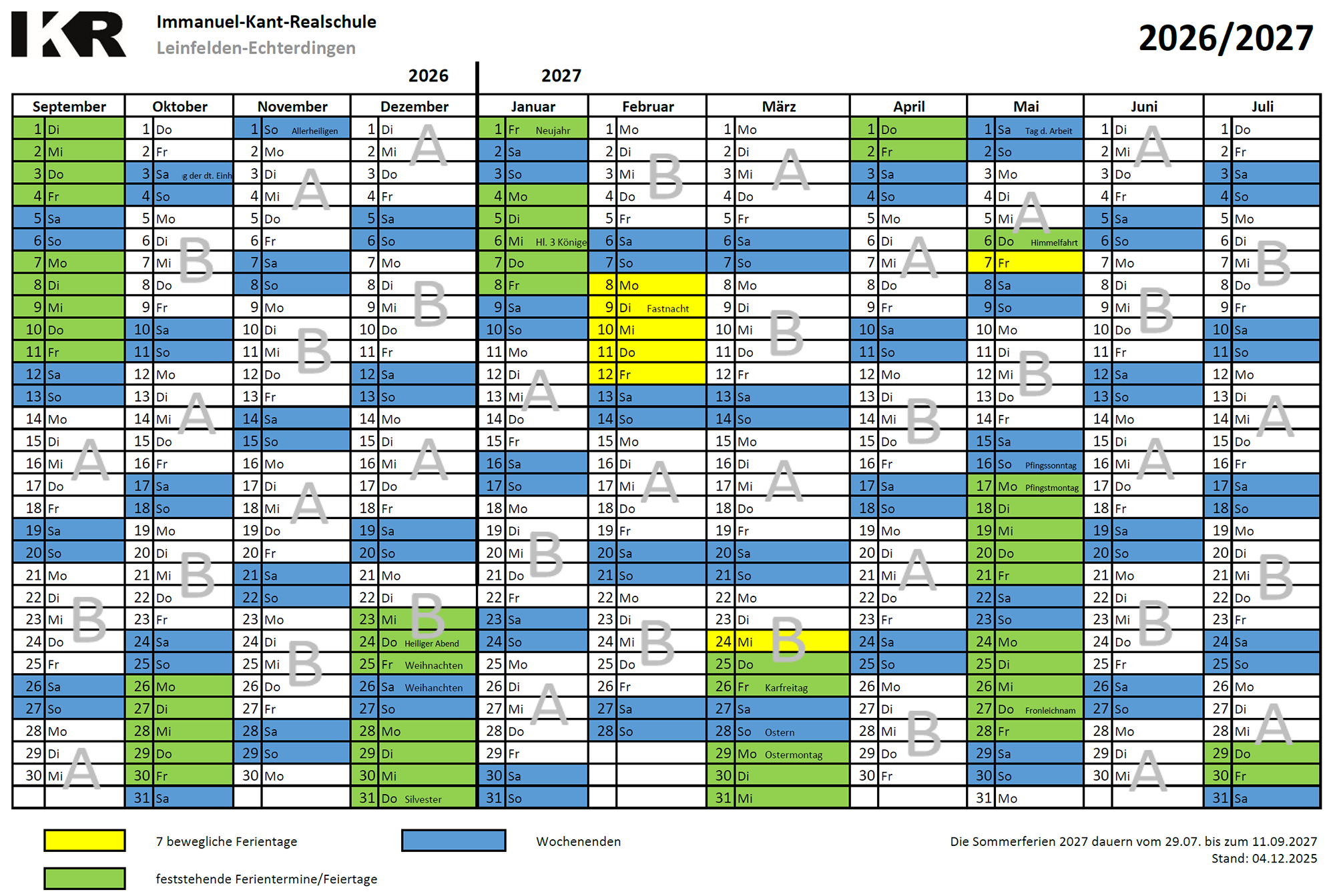2026-2027 Ferienplan mit A- und B-Wochen
